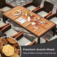 Ensemble de salle à manger Costway 9 pièces en rotin pour patio, chaises rembourrées avec accoudoirs et table en bois d'acacia, trou pour parasol de 1,96"