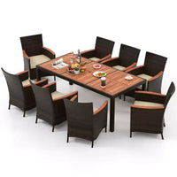 Ensemble de salle à manger Costway 9 pièces en rotin pour patio, chaises rembourrées avec accoudoirs et table en bois d'acacia, trou pour parasol de 1,96"