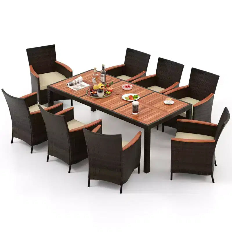 Ensemble de salle à manger Costway 9 pièces en rotin pour patio, chaises rembourrées avec accoudoirs et table en bois d'acacia, trou pour parasol de 1,96"