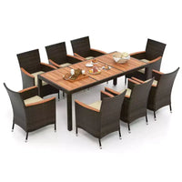 Ensemble de salle à manger Costway 9 pièces en rotin pour patio, chaises rembourrées avec accoudoirs et table en bois d'acacia, trou pour parasol de 1,96"