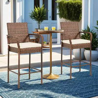 EROMMY Outdoor Patio Wicker Bar Stools Set Of 2, Pe Wicker Rattan Bar Stools With Removable Cushions, Ergonomic Armrests & Backrest