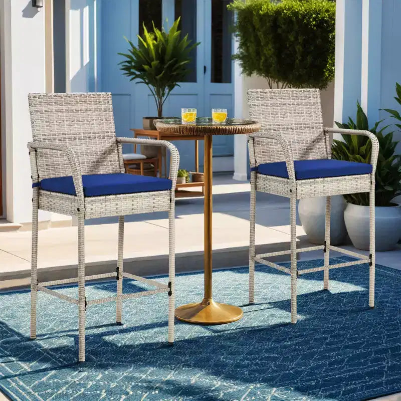 EROMMY Tabourets de bar d'extérieur en osier, lot de 2, tabourets de bar en rotin tressé avec coussins amovibles, accoudoirs et dossier ergonomiques