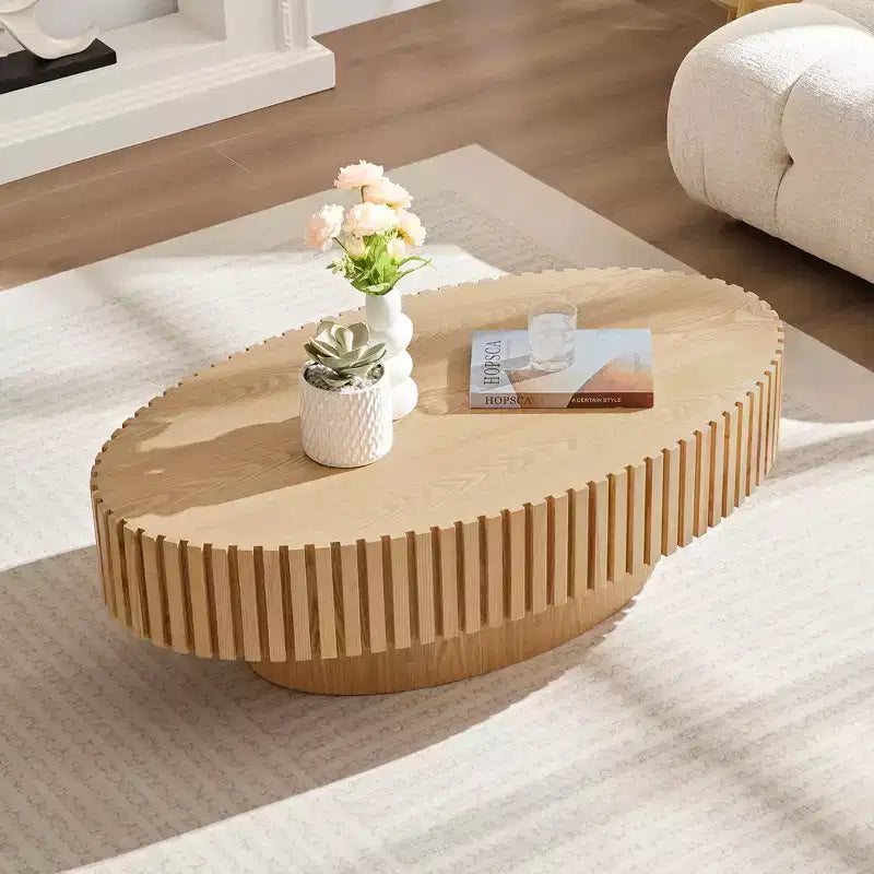 Table basse ovale/carrée, table centrale cannelée minimaliste, table d'appoint, frêne naturel/noyer/noir mat - ModernLuxe
