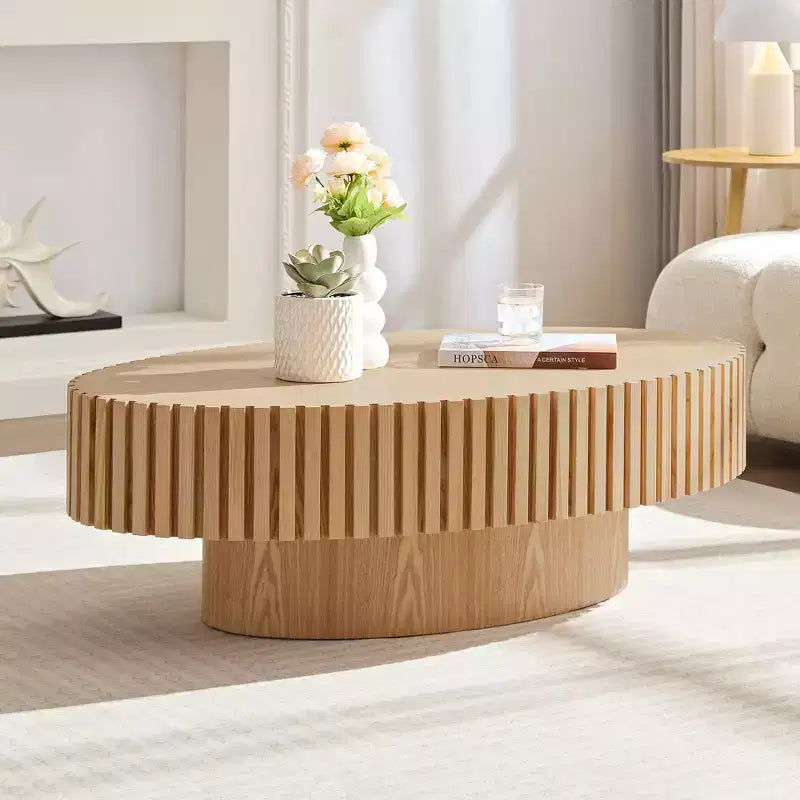 Table basse ovale/carrée, table centrale cannelée minimaliste, table d'appoint, frêne naturel/noyer/noir mat - ModernLuxe