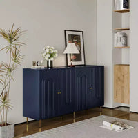 Buffet Bahut Meuble de Rangement en Bois Laqué Bleu Moderne à 4 Portes