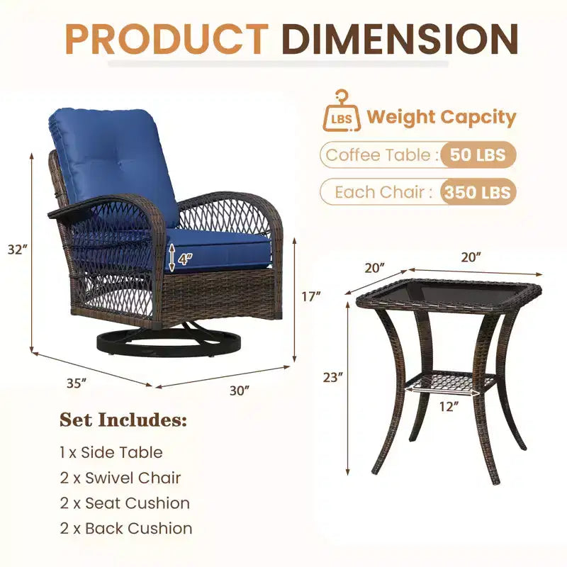 Ensemble de bistro pivotant et à bascule d'extérieur EROMMY - Ensemble de patio en osier 3 pièces avec 2 fauteuils à bascule pivotants, coussins et table d'appoint en verre trempé