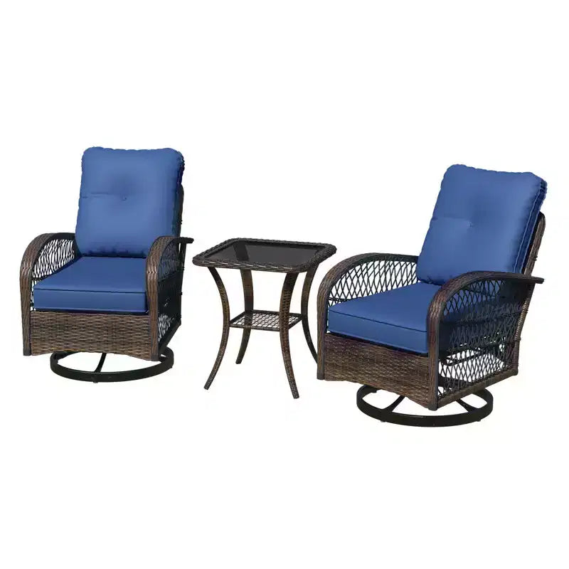 Ensemble de bistro pivotant et à bascule d'extérieur EROMMY - Ensemble de patio en osier 3 pièces avec 2 fauteuils à bascule pivotants, coussins et table d'appoint en verre trempé