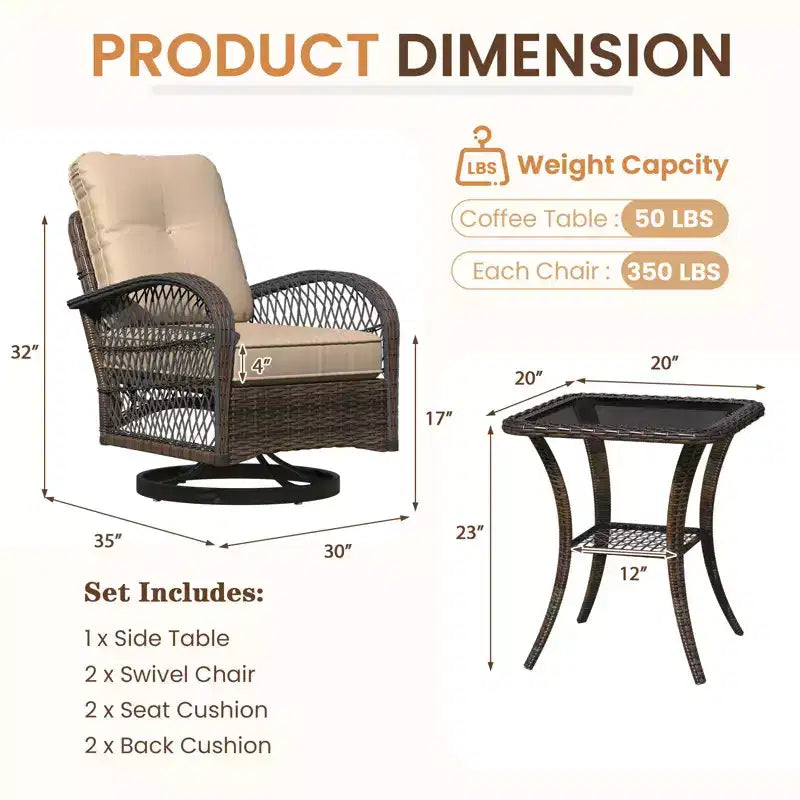 Ensemble de bistro pivotant et à bascule d'extérieur EROMMY - Ensemble de patio en osier 3 pièces avec 2 fauteuils à bascule pivotants, coussins et table d'appoint en verre trempé