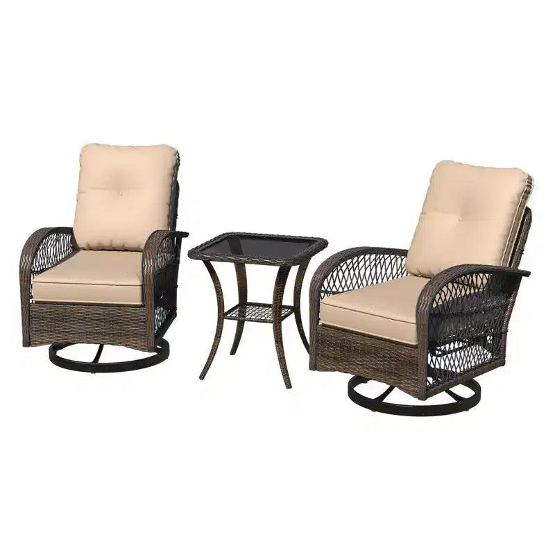 Ensemble de bistro pivotant et à bascule d'extérieur EROMMY - Ensemble de patio en osier 3 pièces avec 2 fauteuils à bascule pivotants, coussins et table d'appoint en verre trempé
