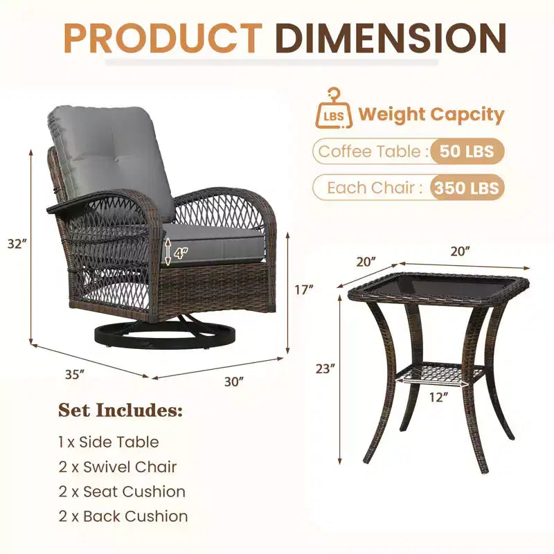 Ensemble de bistro pivotant et à bascule d'extérieur EROMMY - Ensemble de patio en osier 3 pièces avec 2 fauteuils à bascule pivotants, coussins et table d'appoint en verre trempé