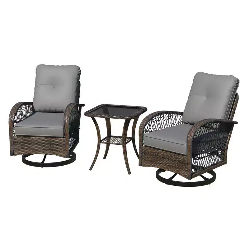 Ensemble de bistro pivotant et à bascule d'extérieur EROMMY - Ensemble de patio en osier 3 pièces avec 2 fauteuils à bascule pivotants, coussins et table d'appoint en verre trempé