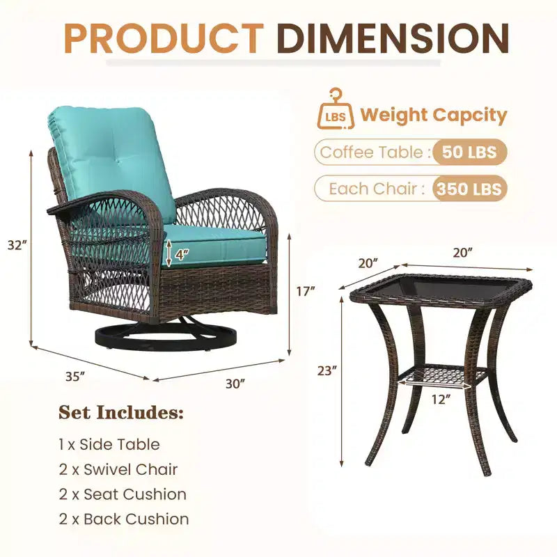 Ensemble de bistro pivotant et à bascule d'extérieur EROMMY - Ensemble de patio en osier 3 pièces avec 2 fauteuils à bascule pivotants, coussins et table d'appoint en verre trempé