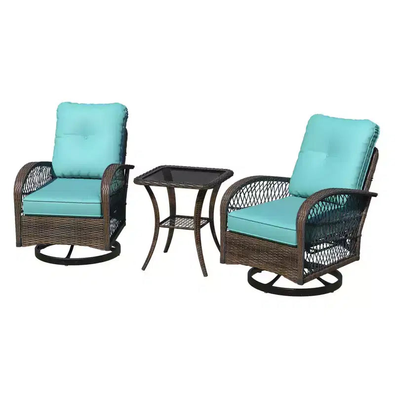 Ensemble de bistro pivotant et à bascule d'extérieur EROMMY - Ensemble de patio en osier 3 pièces avec 2 fauteuils à bascule pivotants, coussins et table d'appoint en verre trempé