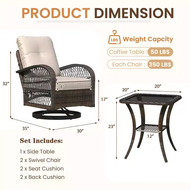Ensemble de bistro pivotant et à bascule d'extérieur EROMMY - Ensemble de patio en osier 3 pièces avec 2 fauteuils à bascule pivotants, coussins et table d'appoint en verre trempé