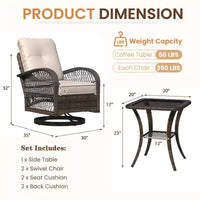 Ensemble de bistro pivotant et à bascule d'extérieur EROMMY - Ensemble de patio en osier 3 pièces avec 2 fauteuils à bascule pivotants, coussins et table d'appoint en verre trempé