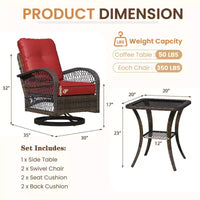 Ensemble de bistro pivotant et à bascule d'extérieur EROMMY - Ensemble de patio en osier 3 pièces avec 2 fauteuils à bascule pivotants, coussins et table d'appoint en verre trempé