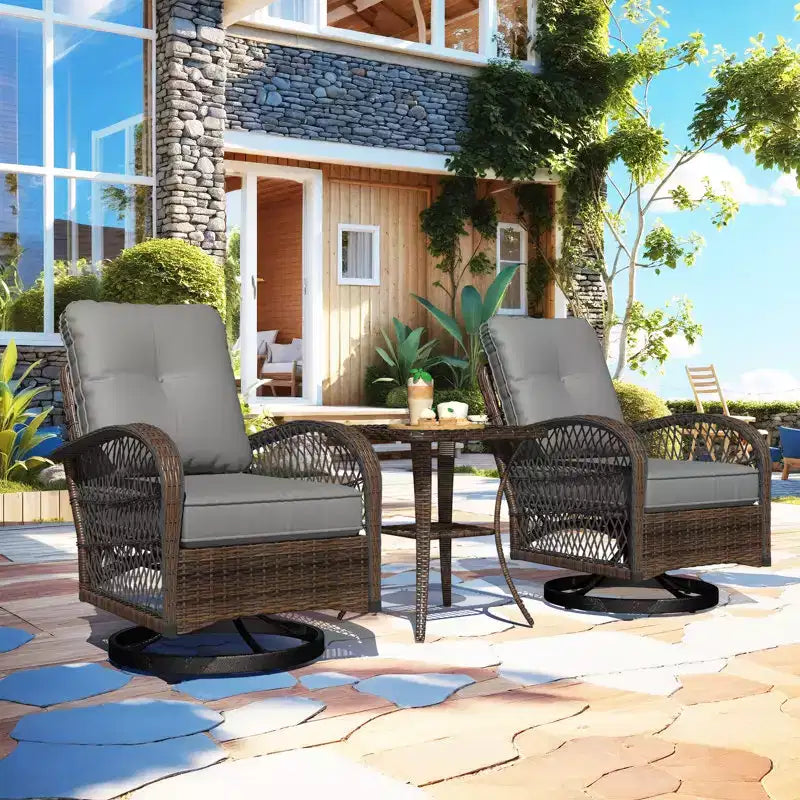 EROMMY Outdoor Swivel Rocker Bistro Set - 3 Piece Wicker Patio Set With 2 Swivel Rocking Chairs, Cushions, And Tempered Glass Side Table
