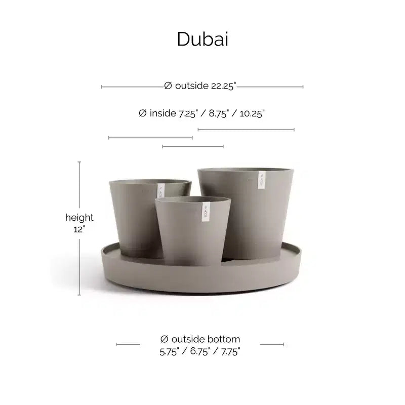 Ecopots Dubai Jardinière ronde moderne durable à arrosage automatique pour interieur/extérieur, à base de matière recyclee composite, avec roues et soucoupe, taupe, 22