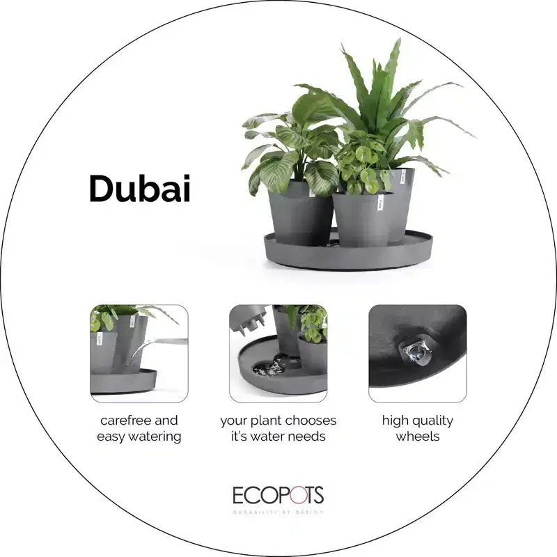 Ecopots Dubai Jardinière ronde moderne durable à arrosage automatique pour interieur/extérieur, à base de matière recyclee composite, avec roues et soucoupe, taupe, 22