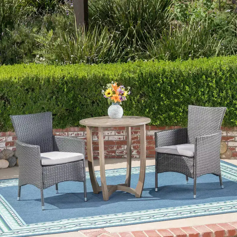 GDFStudio Brantly Ensemble bistro d'extérieur 3 pièces en bois d'acacia et résine tressée avec coussins