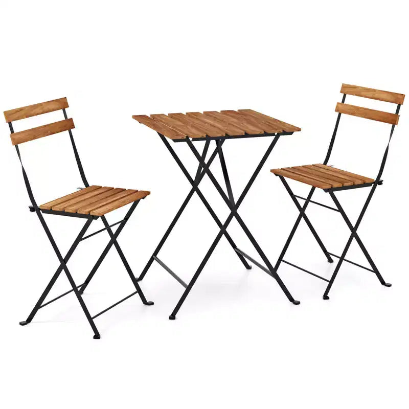 Costway Ensemble bistro de patio 3 pièces en bois d'acacia - Table bistro avec 2 chaises pliantes, assise à lattes Marron/Gris
