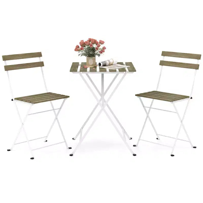 Costway Ensemble bistro de patio 3 pièces en bois d'acacia - Table bistro avec 2 chaises pliantes, assise à lattes Marron/Gris