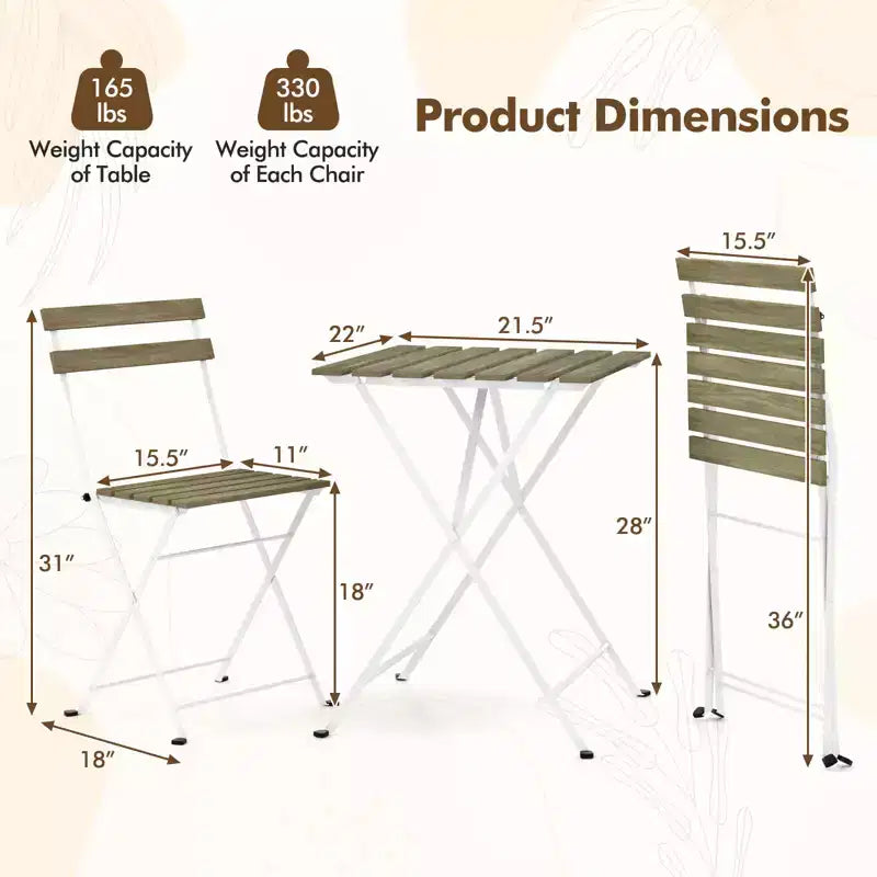 Costway Ensemble bistro de patio 3 pièces en bois d'acacia - Table bistro avec 2 chaises pliantes, assise à lattes Marron/Gris