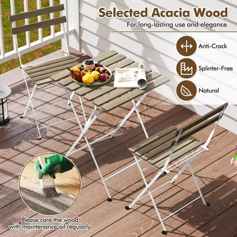 Costway Ensemble bistro de patio 3 pièces en bois d'acacia - Table bistro avec 2 chaises pliantes, assise à lattes Marron/Gris