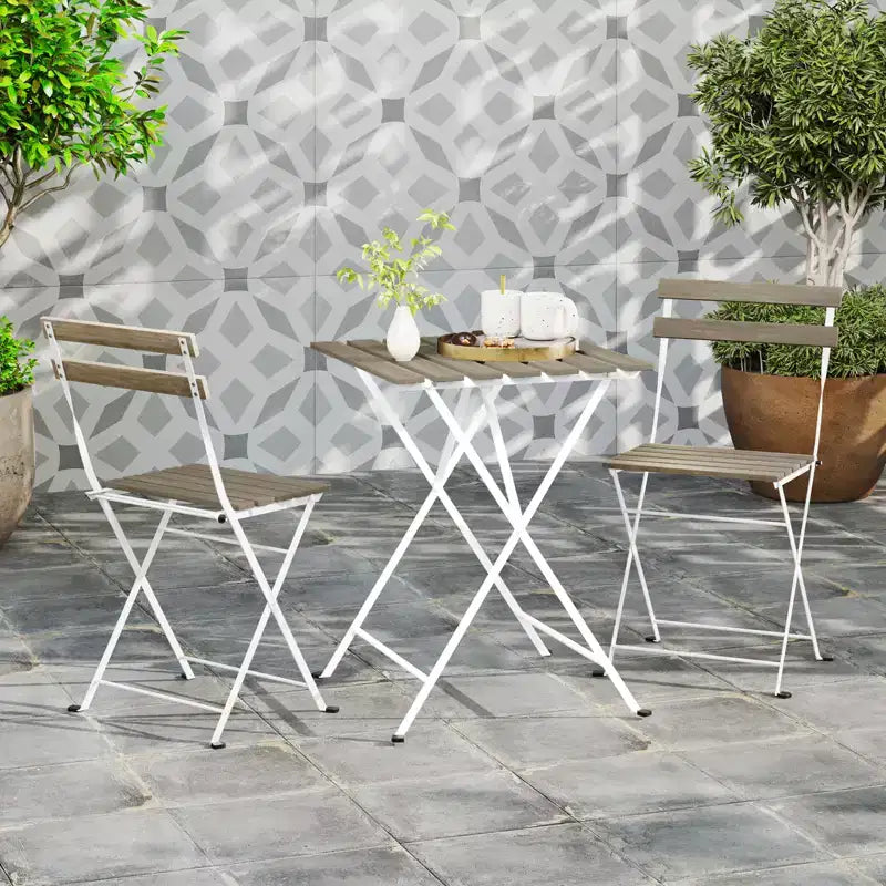 Costway Ensemble bistro de patio 3 pièces en bois d'acacia - Table bistro avec 2 chaises pliantes, assise à lattes Marron/Gris