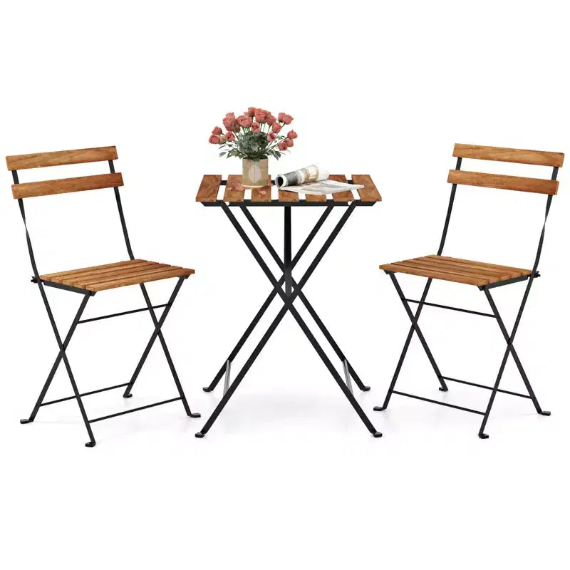 Costway Ensemble bistro de patio 3 pièces en bois d'acacia - Table bistro avec 2 chaises pliantes, assise à lattes Marron/Gris