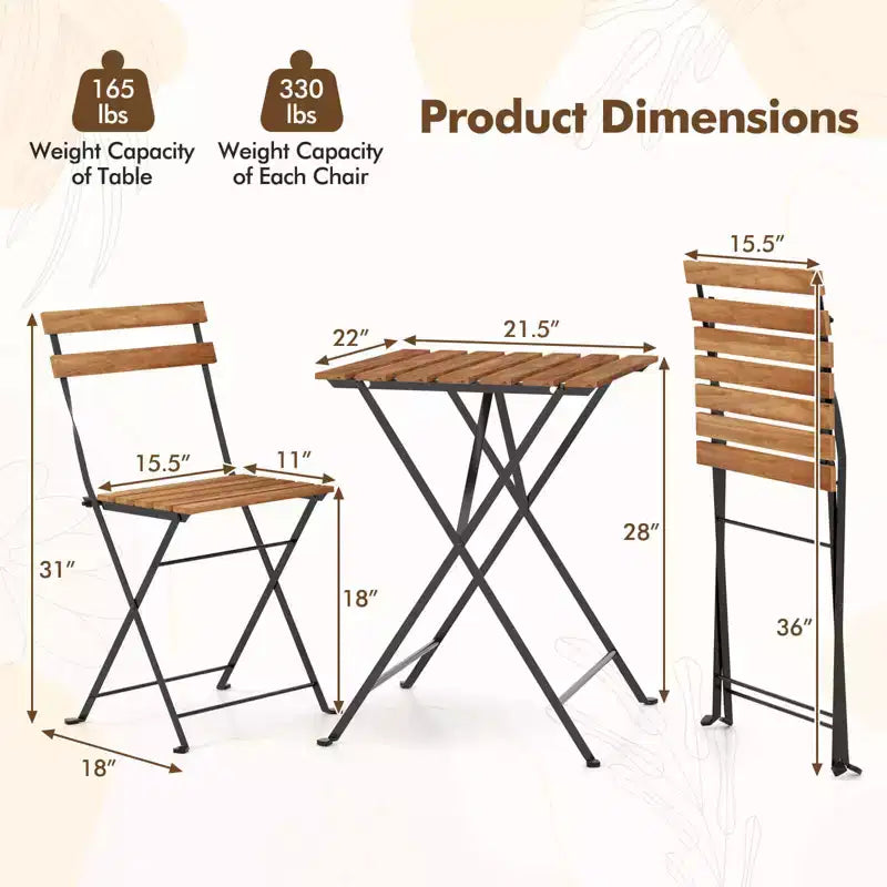 Costway Ensemble bistro de patio 3 pièces en bois d'acacia - Table bistro avec 2 chaises pliantes, assise à lattes Marron/Gris