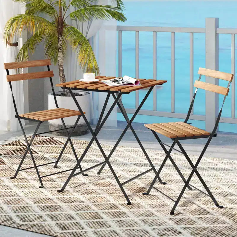 Costway Ensemble bistro de patio 3 pièces en bois d'acacia - Table bistro avec 2 chaises pliantes, assise à lattes Marron/Gris