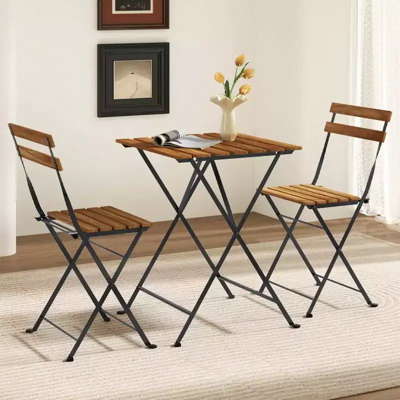 Costway Ensemble bistro de patio 3 pièces en bois d'acacia - Table bistro avec 2 chaises pliantes, assise à lattes Marron/Gris