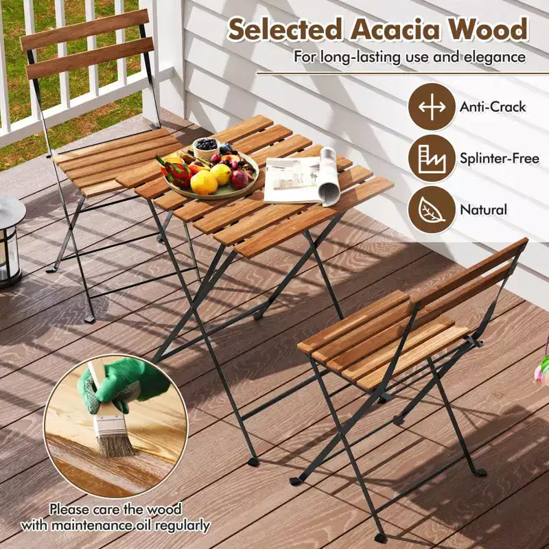 Costway Ensemble bistro de patio 3 pièces en bois d'acacia - Table bistro avec 2 chaises pliantes, assise à lattes Marron/Gris