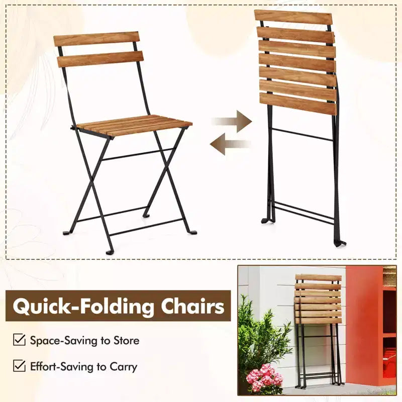 Costway Ensemble bistro de patio 3 pièces en bois d'acacia - Table bistro avec 2 chaises pliantes, assise à lattes Marron/Gris