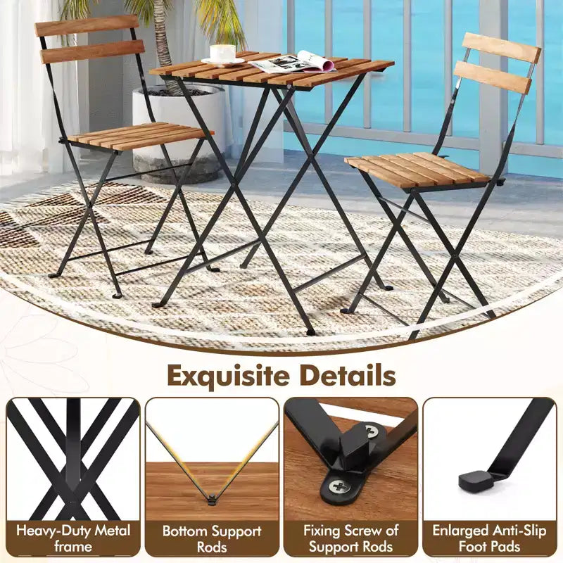 Costway Ensemble bistro de patio 3 pièces en bois d'acacia - Table bistro avec 2 chaises pliantes, assise à lattes Marron/Gris