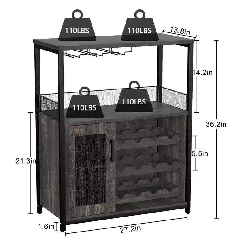 Cave à vin Whizmax avec grand espace de rangement et casier amovible, petit buffet enfilade avec porte grillagée