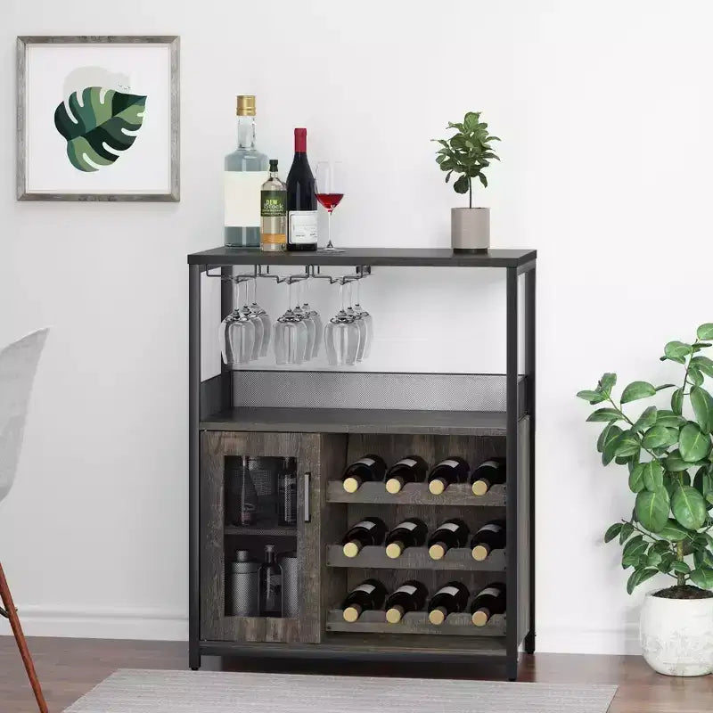 Cave à vin Whizmax avec grand espace de rangement et casier amovible, petit buffet enfilade avec porte grillagée
