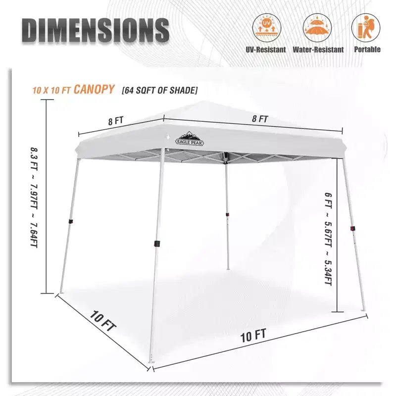 EAGLE PEAK Tente auvent pliante à pieds inclines 10x10 pi, base 10x10, dessus 8x8
