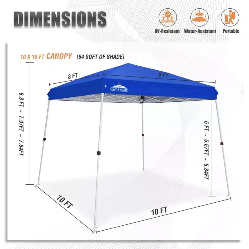 EAGLE PEAK Tente auvent pliante à pieds inclines 10x10 pi, base 10x10, dessus 8x8