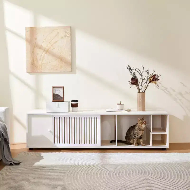 Meuble TV et litière pour chat, console TV avec armoire de rangement et porte coulissante amovible, Blanc crème-ModernLuxe