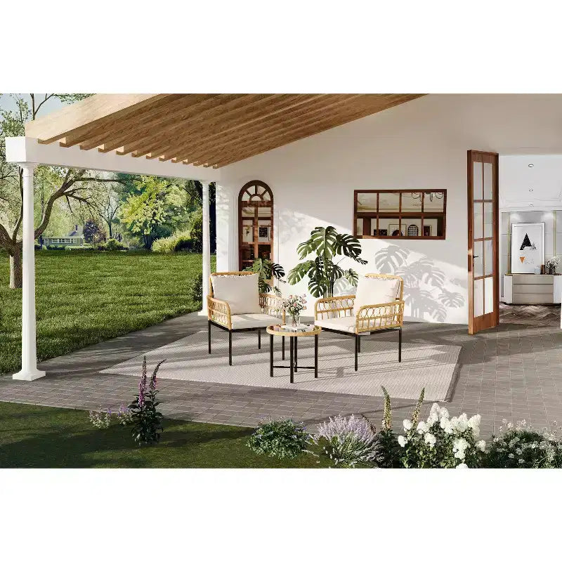 Ensemble de bistro extérieur 3 pièces, mobilier de terrasse en rotin synthétique avec table en verre trempé et 2 chaises - Style bohème