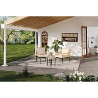 Ensemble de bistro extérieur 3 pièces, mobilier de terrasse en rotin synthétique avec table en verre trempé et 2 chaises - Style bohème