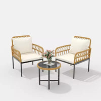 Ensemble de bistro extérieur 3 pièces, mobilier de terrasse en rotin synthétique avec table en verre trempé et 2 chaises - Style bohème