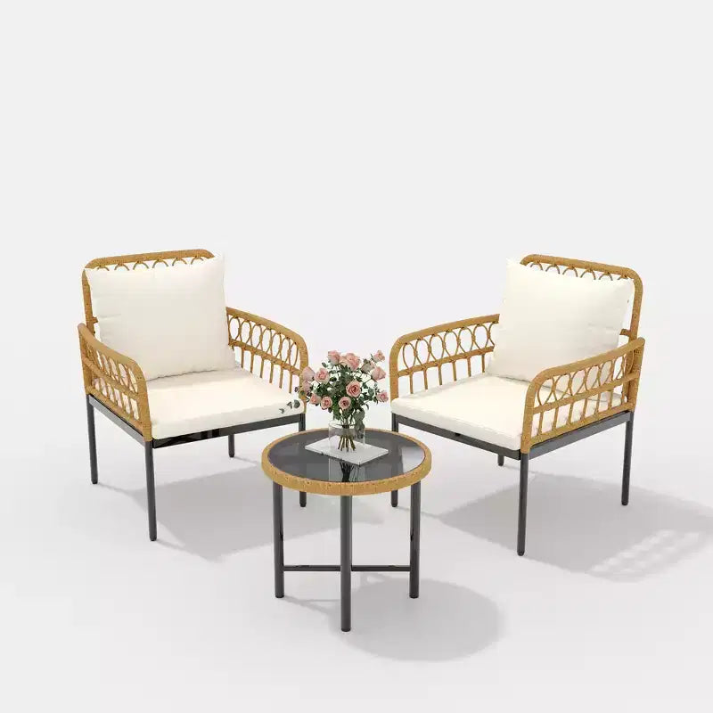 Ensemble de bistro extérieur 3 pièces, mobilier de terrasse en rotin synthétique avec table en verre trempé et 2 chaises - Style bohème