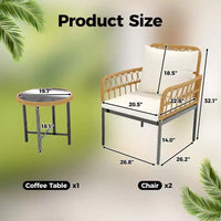 Ensemble de bistro extérieur 3 pièces, mobilier de terrasse en rotin synthétique avec table en verre trempé et 2 chaises - Style bohème