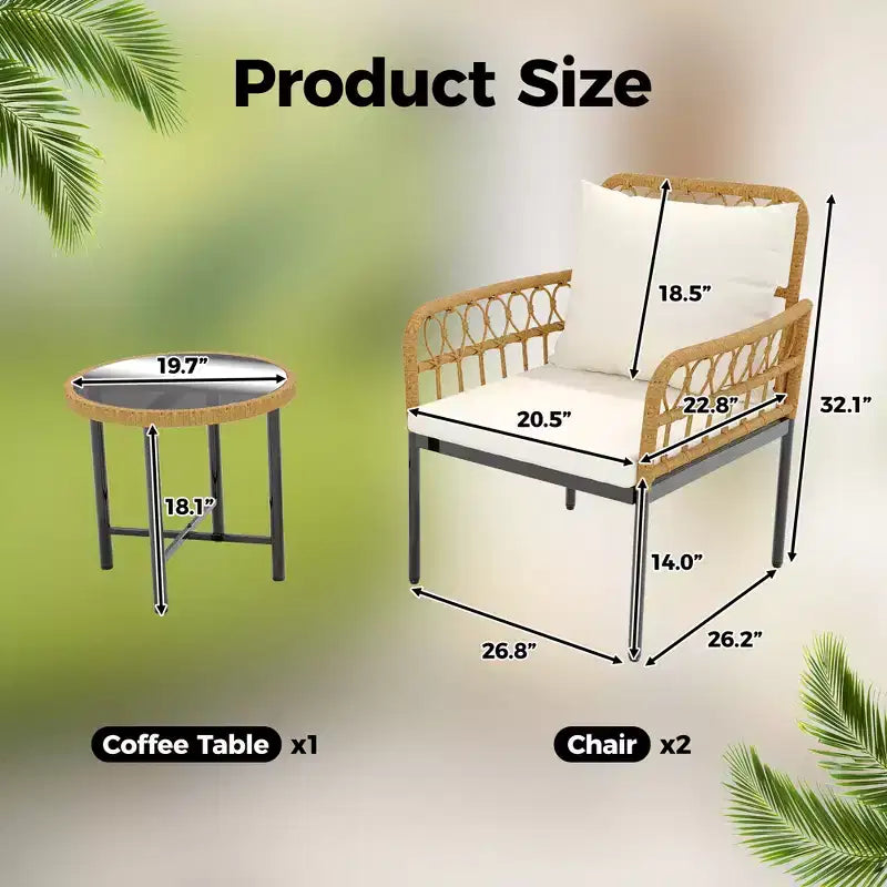 Ensemble de bistro extérieur 3 pièces, mobilier de terrasse en rotin synthétique avec table en verre trempé et 2 chaises - Style bohème