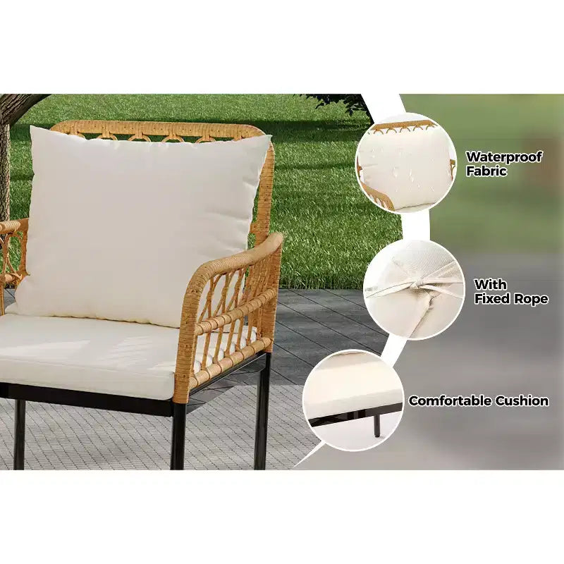 Ensemble de bistro extérieur 3 pièces, mobilier de terrasse en rotin synthétique avec table en verre trempé et 2 chaises - Style bohème