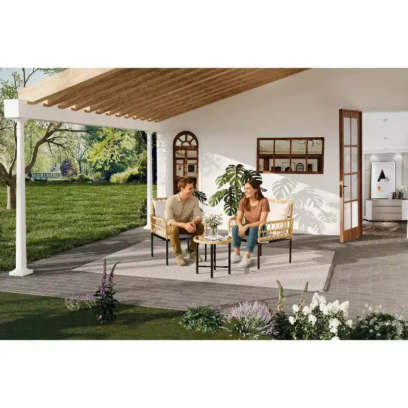 Ensemble de bistro extérieur 3 pièces, mobilier de terrasse en rotin synthétique avec table en verre trempé et 2 chaises - Style bohème