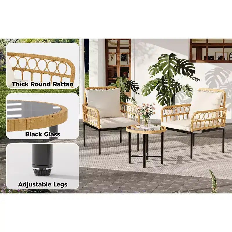 Ensemble de bistro extérieur 3 pièces, mobilier de terrasse en rotin synthétique avec table en verre trempé et 2 chaises - Style bohème
